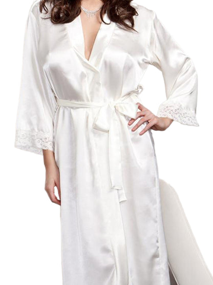 Elegant Women's Satin Nightgown with Lace Trim - V Collar Long Sleeve Kimono Cardigan Pajamas，Machine Washable