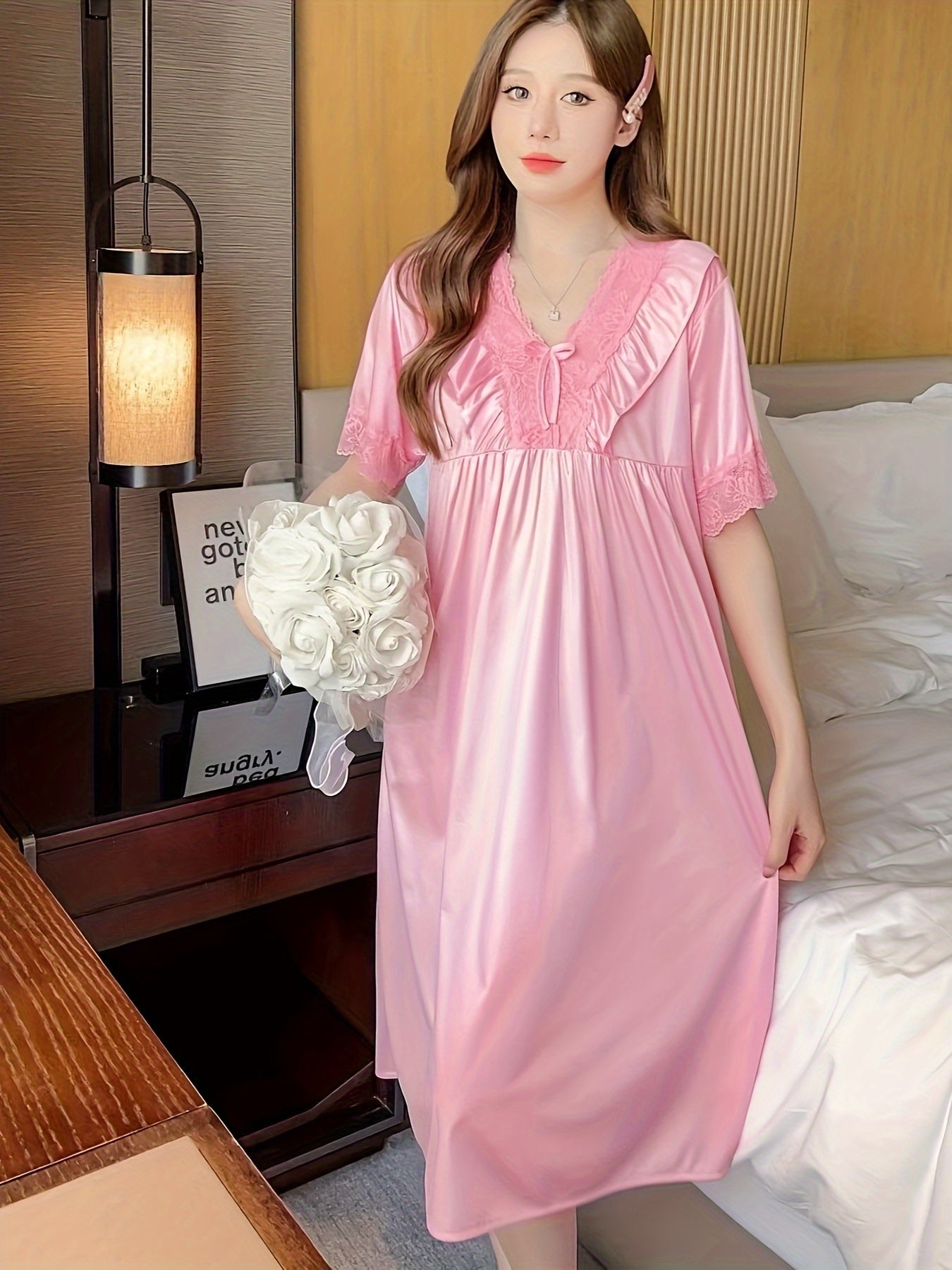 Elegant Ladies Lace V Collar Nightdress with Bowknot Details - Comfortable Short Sleeve Pajamas，Solid Color