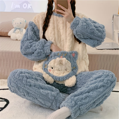 Women's Cute Cartoon Pattern Pajamas Suit，Long Sleeve Trousers，round Neck，Polyester，Knitted Fabric，Adult Comfortable Pajamas，Autumn/Winter Season