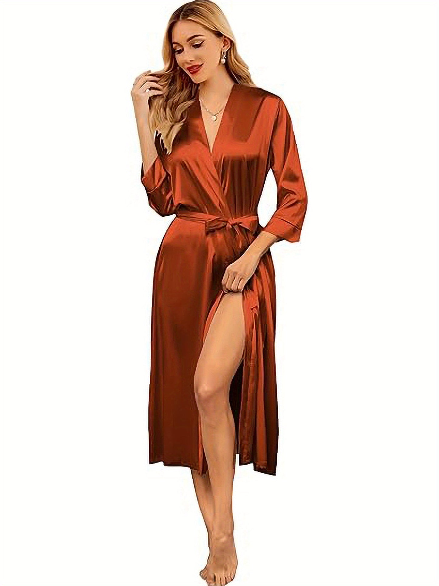 Elegant Satin Bridesmaid Robe - Long、Lightweight Sexy Belt Pocket | Deep V Collar，3/4Sleeve | Suitable for Weddings and Parties