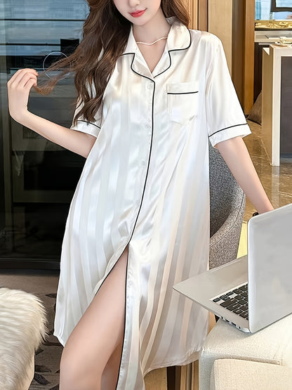 Women's Elegant Striped Satin Pajamas Dress，Short Sleeve Button Lapel Shirt Dress，Comfortable Pajamas