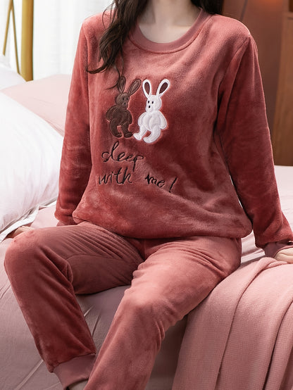 Comfortable Fleece Women's Pajama Suit - Cute Rabbit and Letter Embroidery，Long Sleeve Round Neck Top with Elastic Waist Belt Jogger Pants，Warm Winter Loungewear，Plus Size Pajamas Suit，Flannel，Spiral Shrink-Proof Design，Thickened