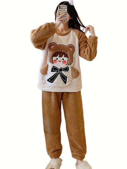 Winter Cute Cartoon Bear Pattern Women's Pajamas Suit，Comfortable Polyester Knitted Fabric，Round collar design，Long Fluffy Homewear Suitable for Adults