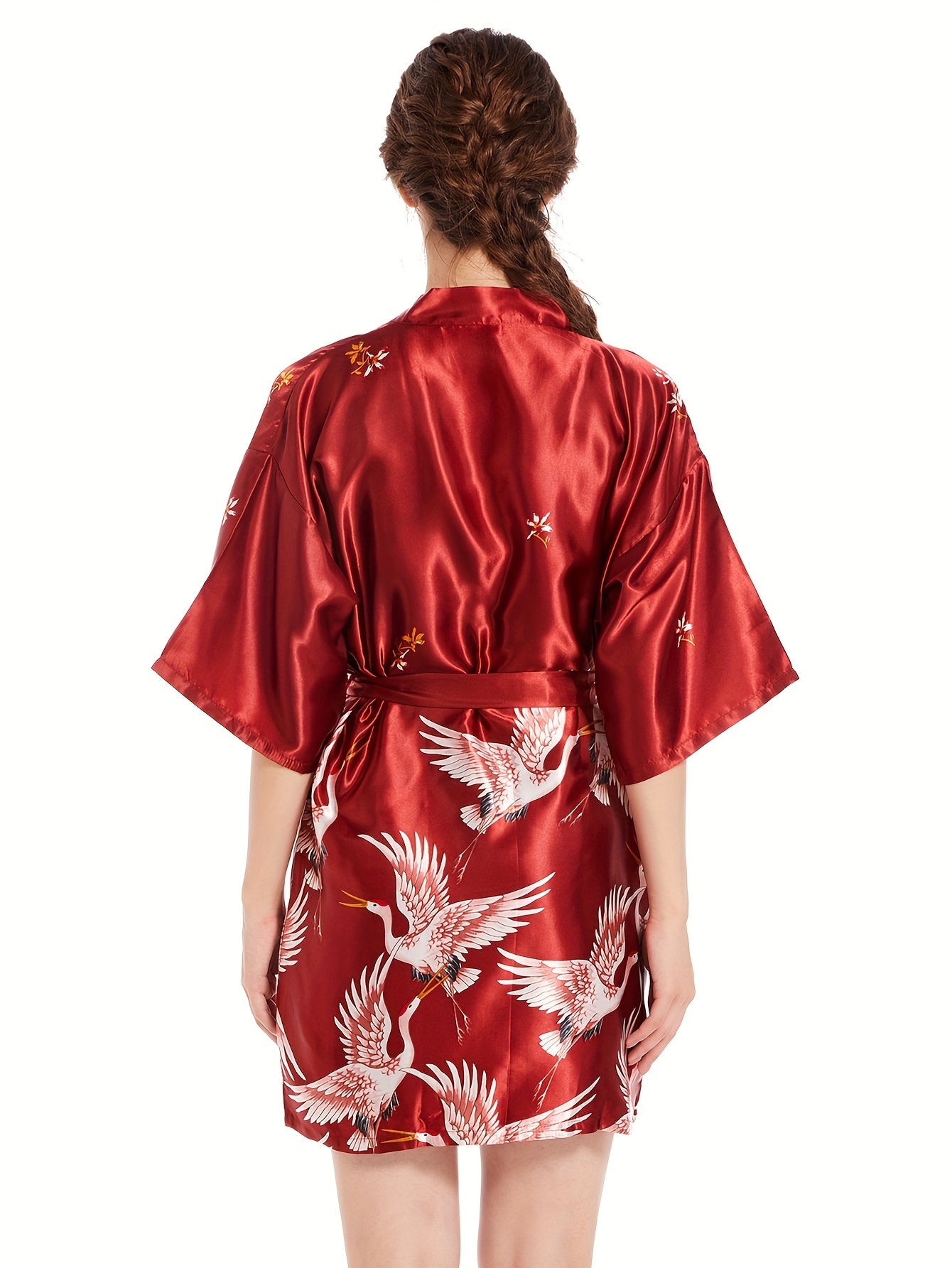 Pajamas Home Dress Arrangement Female Ethnic Crane Spring and Autumn Sexy Short Robe Two-Piece Set