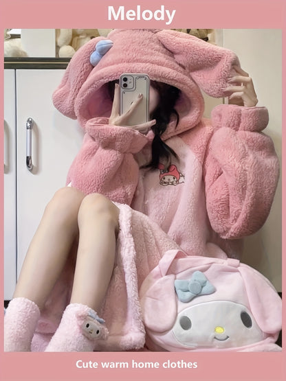 [Authorization] Sanrio Homewear Women's Plush Thickened Long Nightdress，Cinnamoroll Babycinnamoroll Coral Velvet Pajamas Long Sleeve Pajamas Thickened Thermal Coral Fleece Homewear，Sweet Cute Pajamas Outerwear Homewear Nightdress