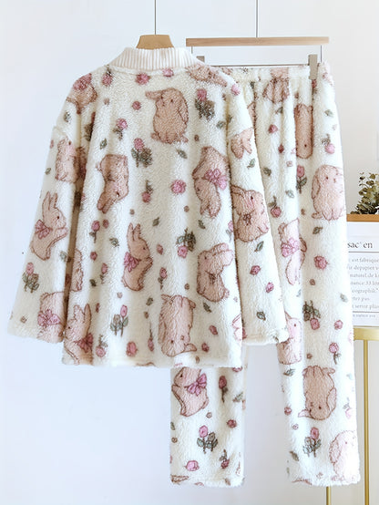 Autumn and Winter New Flannel Tulip Rabbit Cute Warm Thickened Women's Pajama Suit Homewear