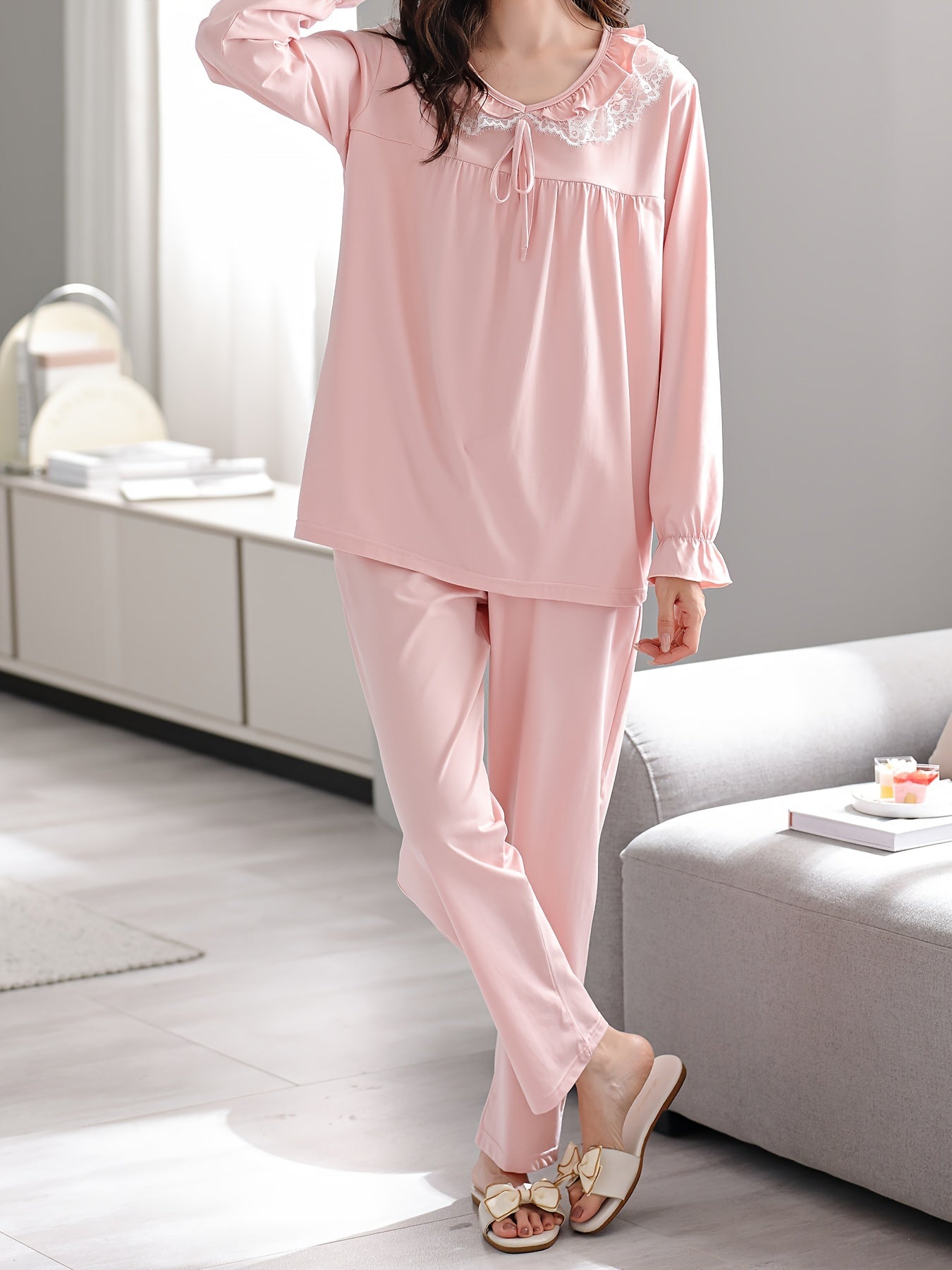 Sweet Solid Lace Trim Pajama Set, Flounce Sleeve Round Neck Tie Front Top & Pants, Women's Sleepwear