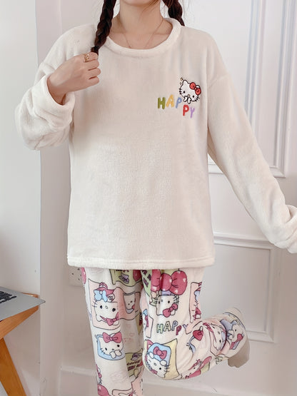 Girls' Comfortable Winter Plush Hello Kitty Pajamas Suit - Cute Cartoon Pattern，Long Sleeves and Pants，Soft Polyester Fiber，Opaque，round Neck Pajamas and Homewear