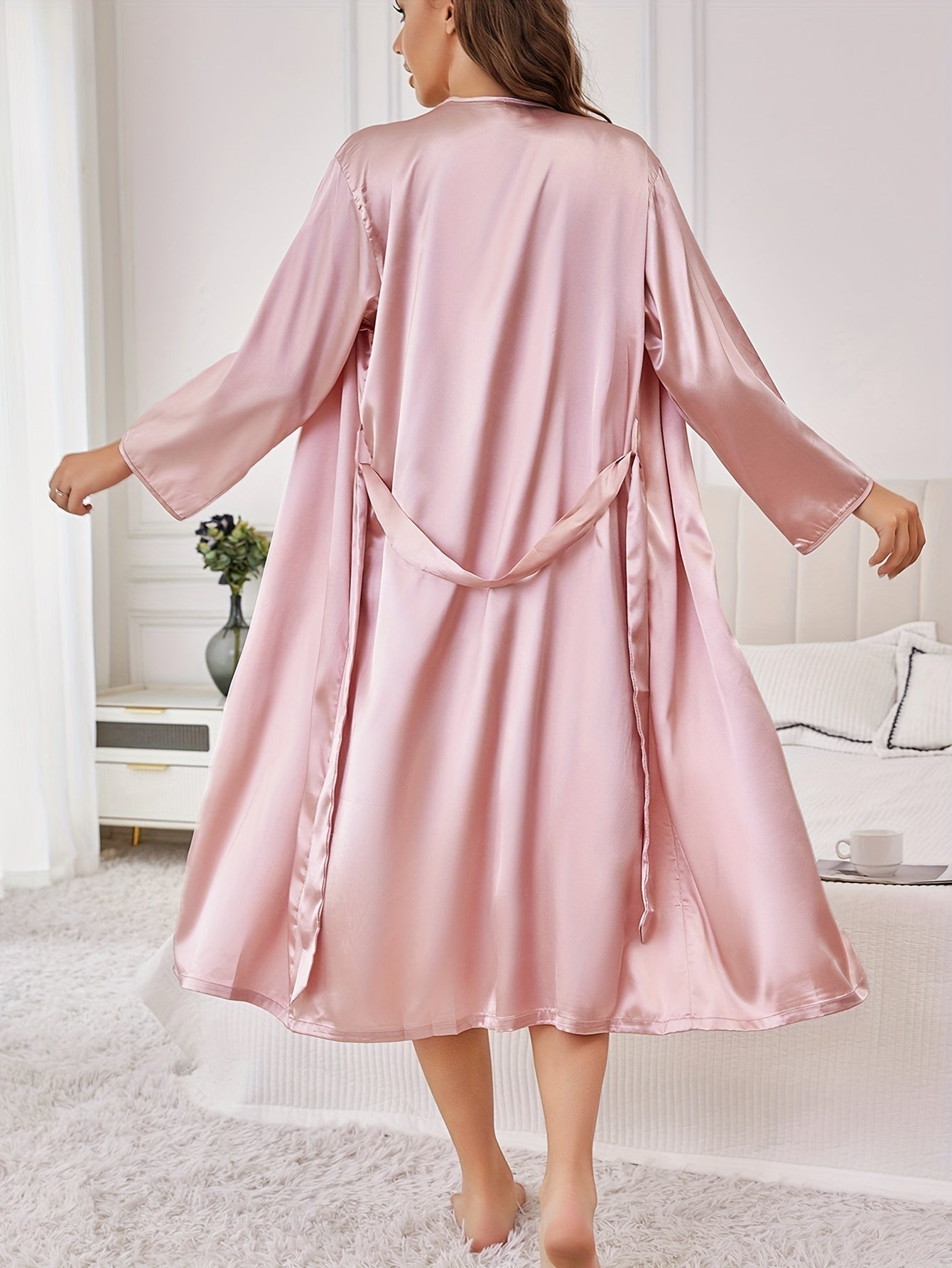 1Elegant Women's Spring and Summer Soft Silky Silk Pajamas Solid Color Sexy Loose Autumn and Winter Long Sleeve Nightgown Cool Breathable Home Clothing Suitable for Home Use