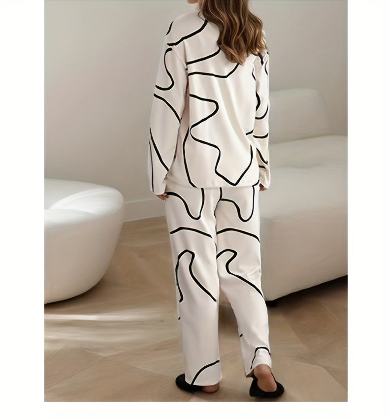 Women's Fashion Casual Set，Long Sleeve Top with Elastic Waist Pants，Casual Abstract Striped Printed Pajamas Suit Autumn and Winter