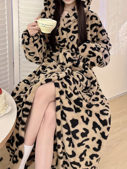 Women's Thermal Coral Fleece Hooded Robe - Thick Warm Leopard Print Casual Skirt with Pockets，Long Sleeve - Perfect Choice for Autumn and Winter