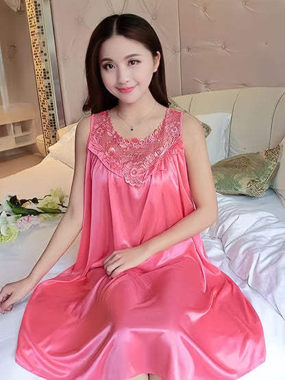 Lady Sexy Solid Color Satin Stitching Lace Pajamas Dress，round Neck Sleeveless Vest Dress，Comfortable Nightgown