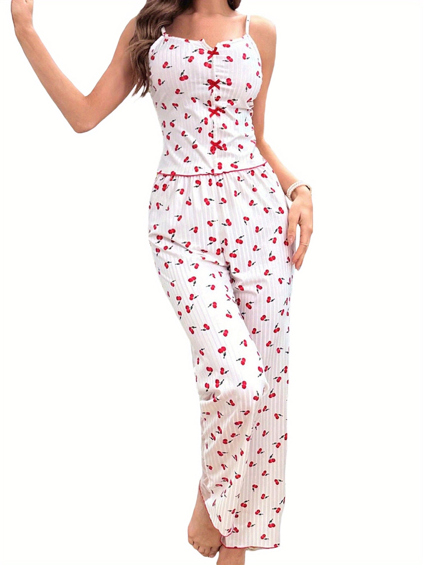 Women's Summer See-through Mesh Casual Wear Suit，Cherry Heart Shape Printed Camisole Top with Elastic Waist Pants，2Pajamas