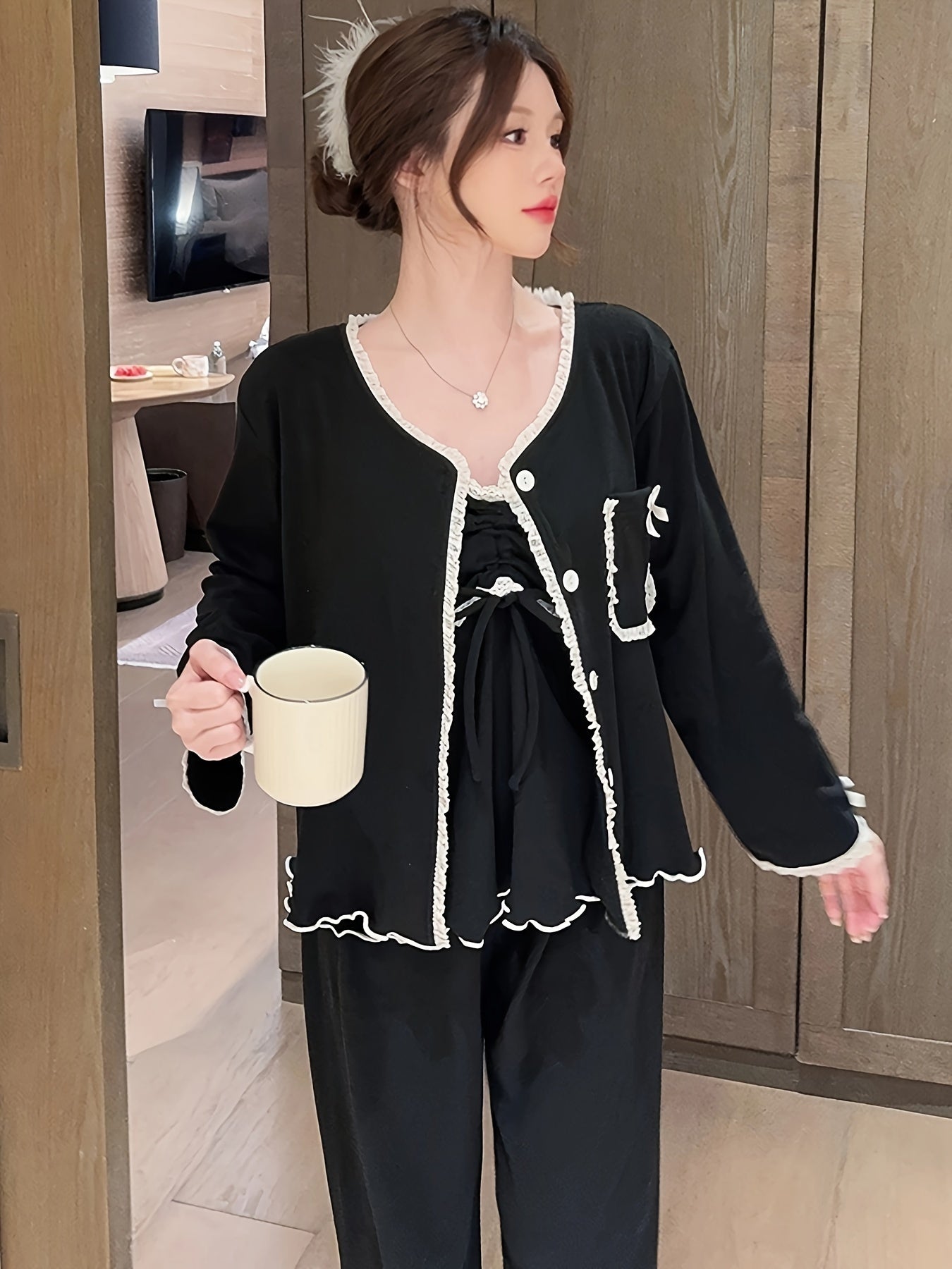 Autumn Winter Thermal Velvet Thick Long-Sleeved Trousers Suspenders Three-Piece Solid Color Lace High-End Home Wear Suit