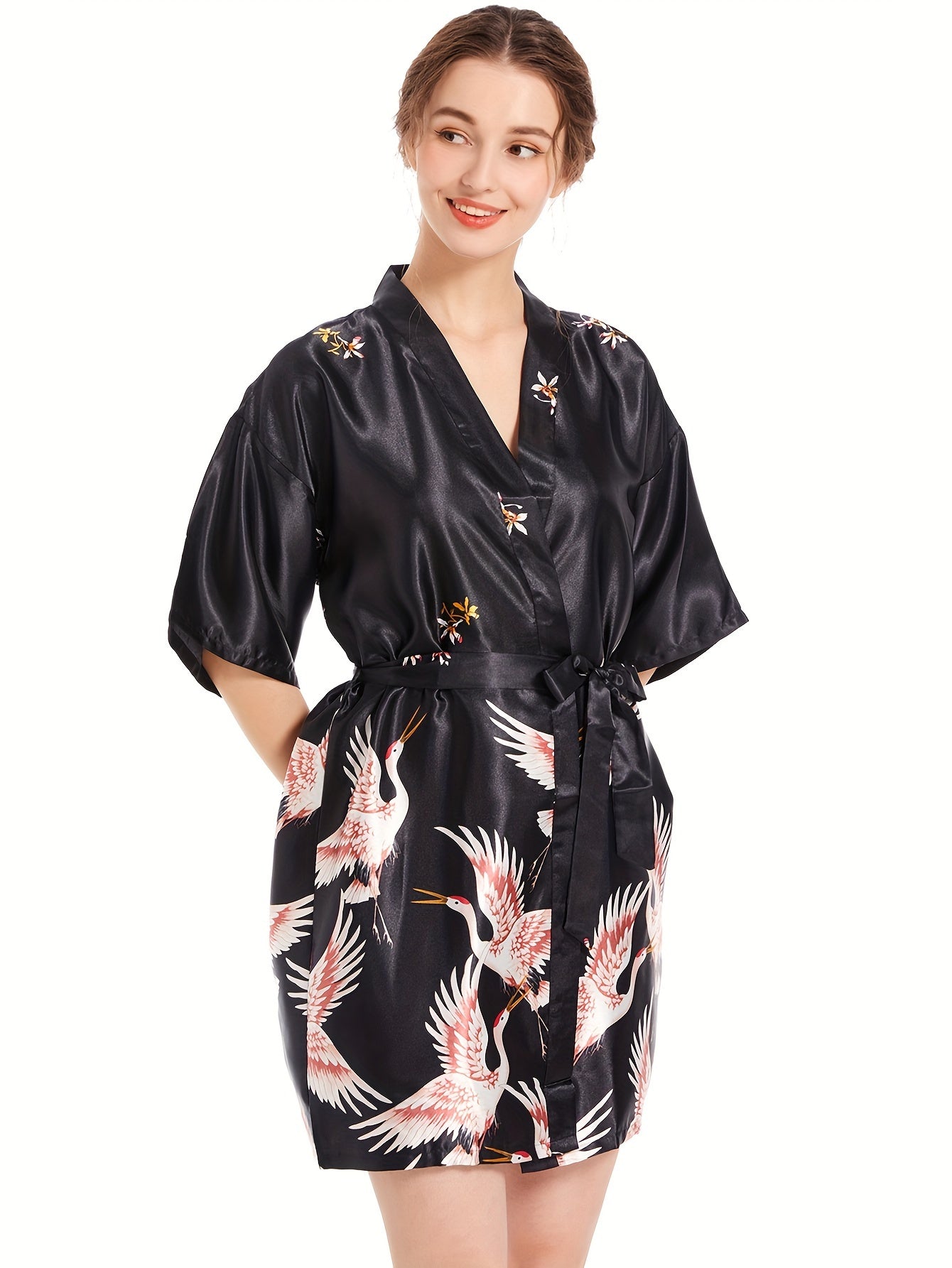 Pajamas Home Dress Arrangement Female Ethnic Crane Spring and Autumn Sexy Short Robe Two-Piece Set