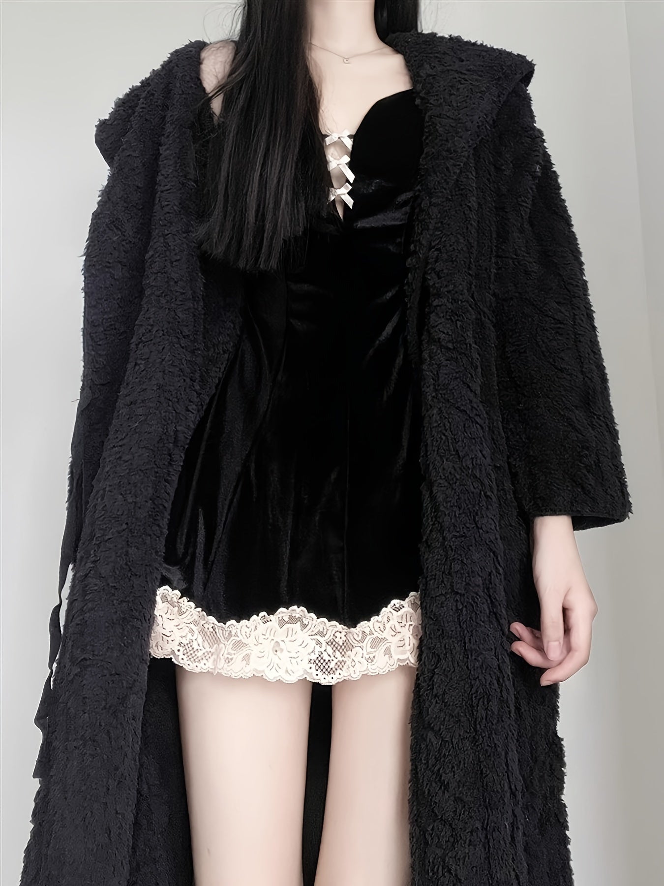 Winter Casual Solid Jacquard Fleece Thickening Nightgown，Long Sleeve Side Knot Hooded Robe，Women's Pajamas and Dress