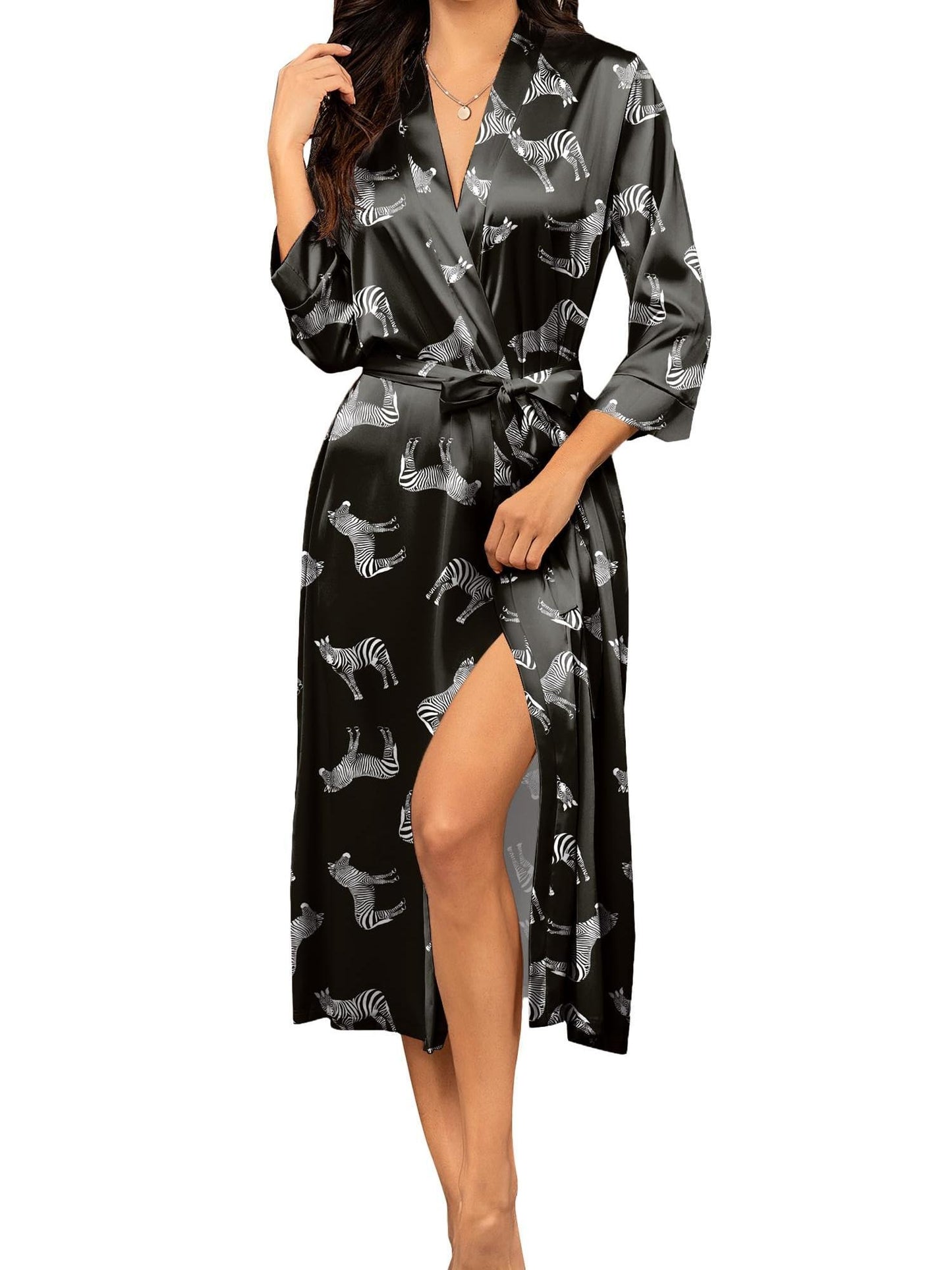 Elegant Lady Satin Long Sleeve V Collar Girdle Printed Homewear - Suitable for All Seasons，Non-See-through Type