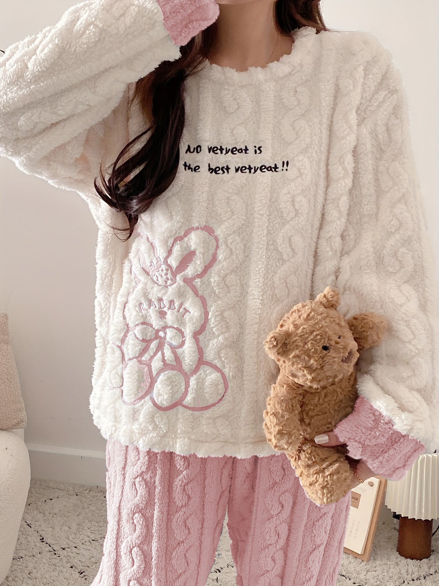 Women's Cute Rabbit and Slogan Embroidered Jacquard Fleece-Lined Thick Style Pajamas Suit，Long Sleeve Round Neck Top and Pants，Autumn and Winter Comfortable Loose Style