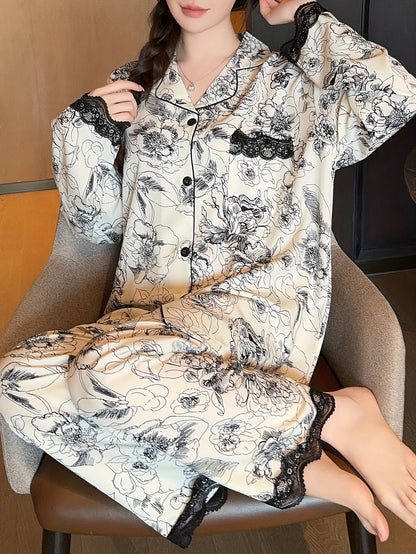 Women's Long-Sleeved Pajamas Printed Lace Cardigan Suit Homewear