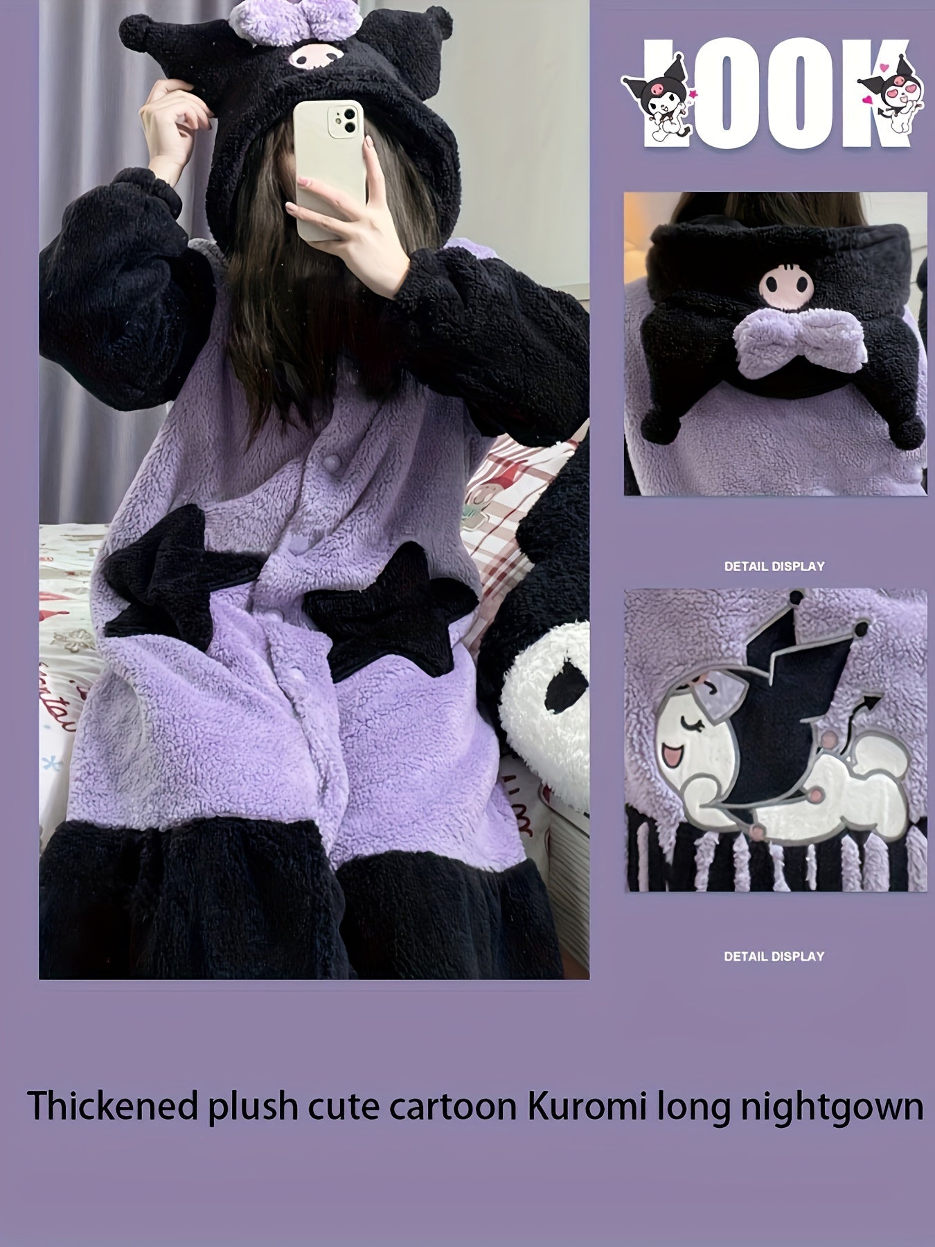 [Authorization] 1Sanrio Homewear Women's Plush Thickened Long Pajamas Long Sleeve Pajamas Thick Thermal Coral Fleece Homewear Sweet Cute Pajamas Can Be Worn outside Christmas Pajamas