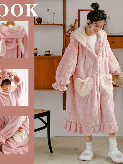 Women's Cute Coral Fleece Nightgown - Long Sleeve Soft Polyester Night Robe，with Pocket，V Collar Winter Thermal Bathrobe，Solid Bubble Skirt Home Wear，with Rabbit Ears and Heart-Shaped Details - Adult Knitted Cloth Autumn Winter Robe