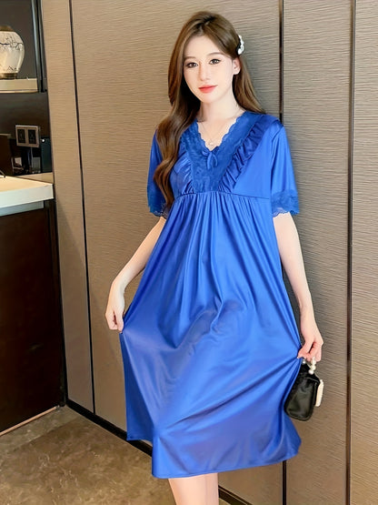 Elegant Ladies Lace V Collar Nightdress with Bowknot Details - Comfortable Short Sleeve Pajamas，Solid Color