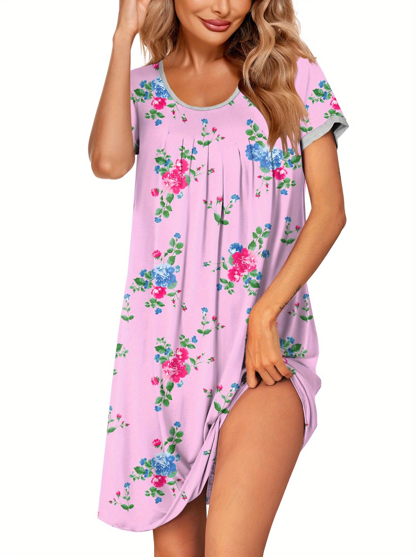 Women's Nightdress Short Sleeve Pajamas Soft and Comfortable Pleated Diagonal Collar Nightgown