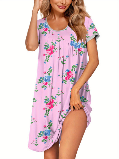 Women's Nightdress Short Sleeve Pajamas Soft and Comfortable Pleated Diagonal Collar Nightgown