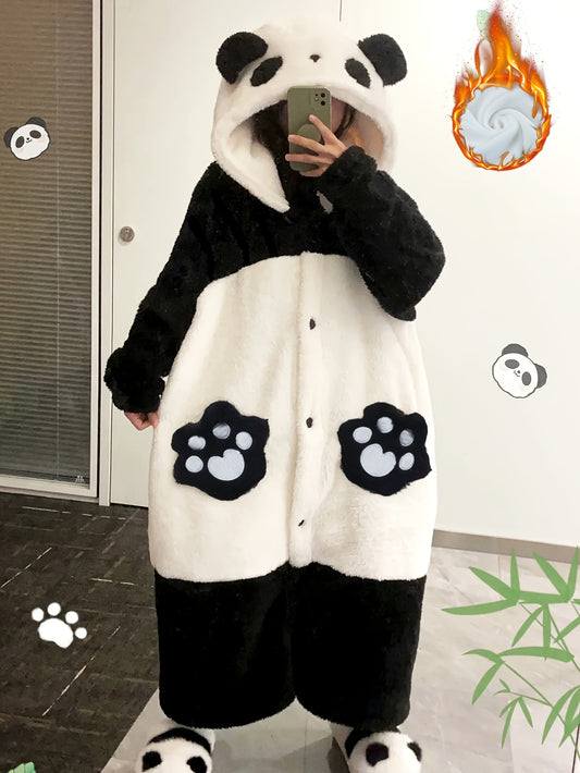 Cute Panda Pattern Lady Thermal Pajamas，Coral Fleece Home Robe，with Cute Style and Thick Fleece