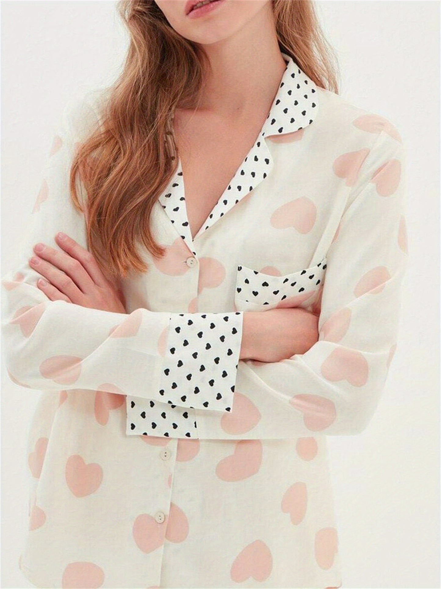 Ladies2Heart-Shaped Spotted Printed Pajamas Suit Long Sleeve Button Top Elastic Waist Trousers Pajamas Suit