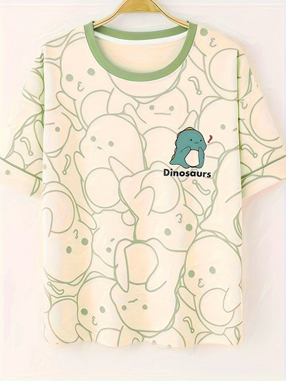 Cartoon Dinosaur Print Pajamas Suit，Cute Short Sleeve round Neck Top and Shorts，Women's Pajamas and Homewear