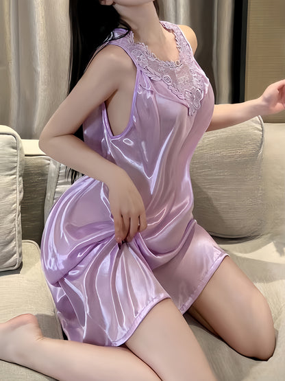 Lady Sexy Solid Color Satin Stitching Lace Pajamas Dress，round Neck Sleeveless Vest Dress，Comfortable Nightgown