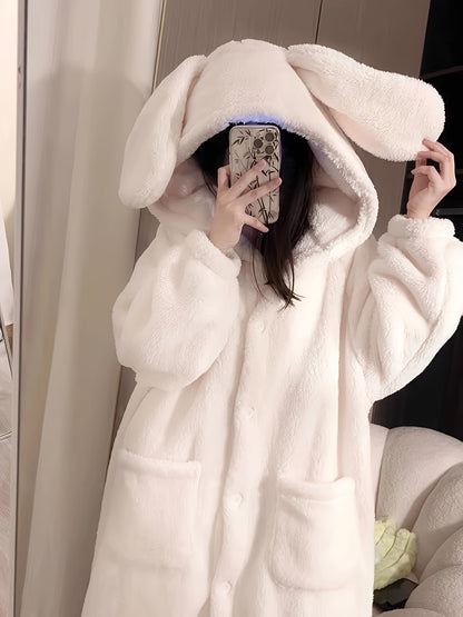 Cute Rabbit Hooded Wool Nightgown，Thick Long Sleeve Button Robe，with Pocket，Women's Pajamas and Dress