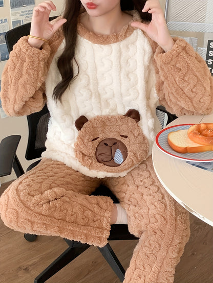 Cute Bear Pattern Fleece-lined Warm Winter Pajamas Suit - Long Sleeve Trousers，Women's Thick Thermal Pajamas