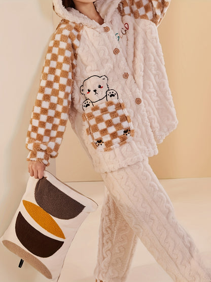 Women's Comfortable Pajamas Suit，Long Sleeve，Trousers，With Hat Open Front Cardigan，Coral Fleece，Cartoon Bear Print，Thermal pajamas，Polyester，Casual Style，Suitable for All Seasons。