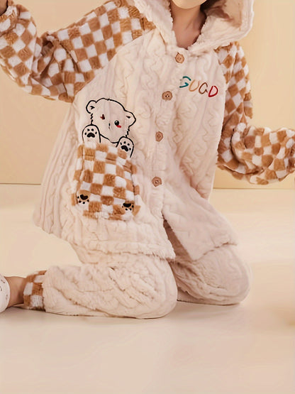 Women's Comfortable Pajamas Suit，Long Sleeve，Trousers，With Hat Open Front Cardigan，Coral Fleece，Cartoon Bear Print，Thermal pajamas，Polyester，Casual Style，Suitable for All Seasons。