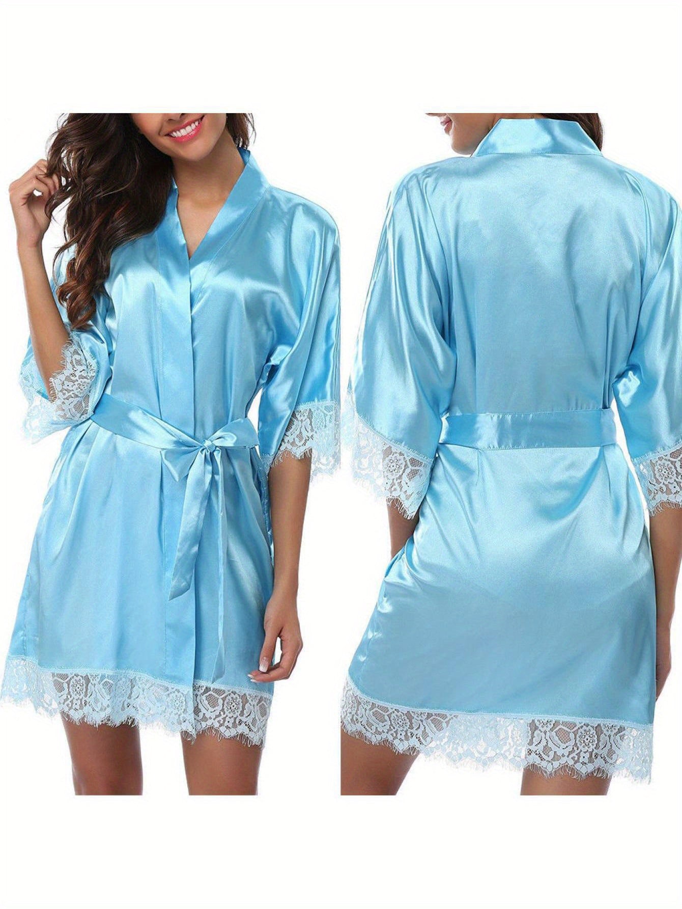 1Elegant Satin Nightdress - Contrast Lace Details，round Neck，Long Sleeve，Solid Color，Woven Polyester Fiber，with Removable Belt - Suitable for Spring and Autumn，Adult Pajamas