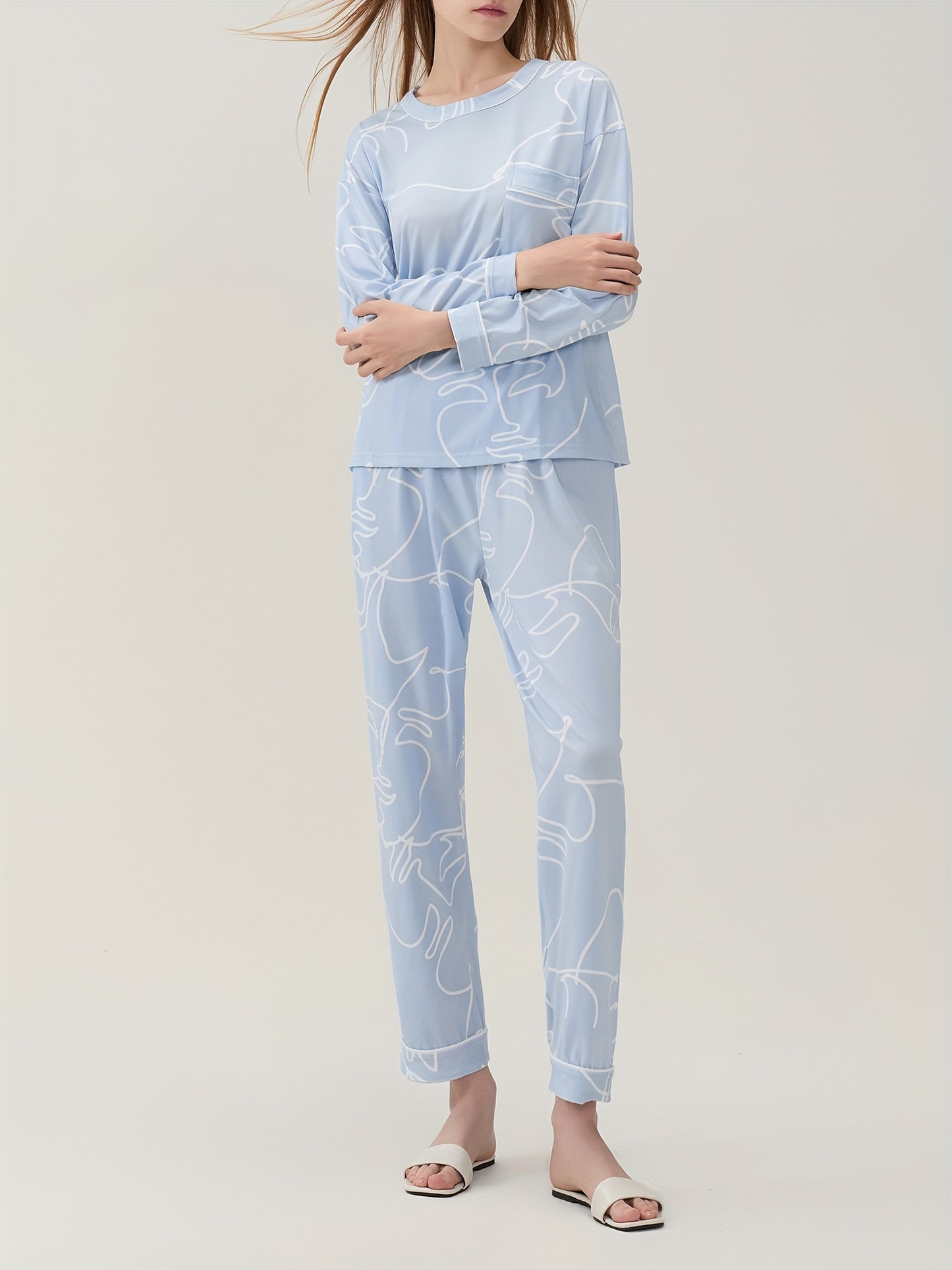 Women's Casual round Neck Long Sleeve Pajamas Suit，Polyester Knitted Fabric，Four Seasons Comfortable Homewear，with Pocket，Printed Pattern Design