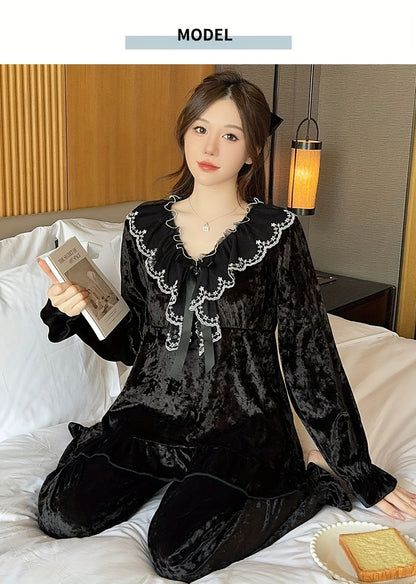 Elegant Velvet Women's Pajama Suit，Lace Trim & Removable Chest Pad - V Collar，Long Sleeve，Ruffled Hem - Spring, Autumn and Winter Perfect Choice