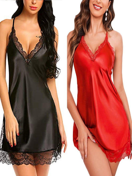 2Women's Sexy Lace Pajamas，V Collar and Satin Slip Dress and Adjustable Shoulder Strap Design，Solid Color，All-Season Pajamas，Ultimate Comfort