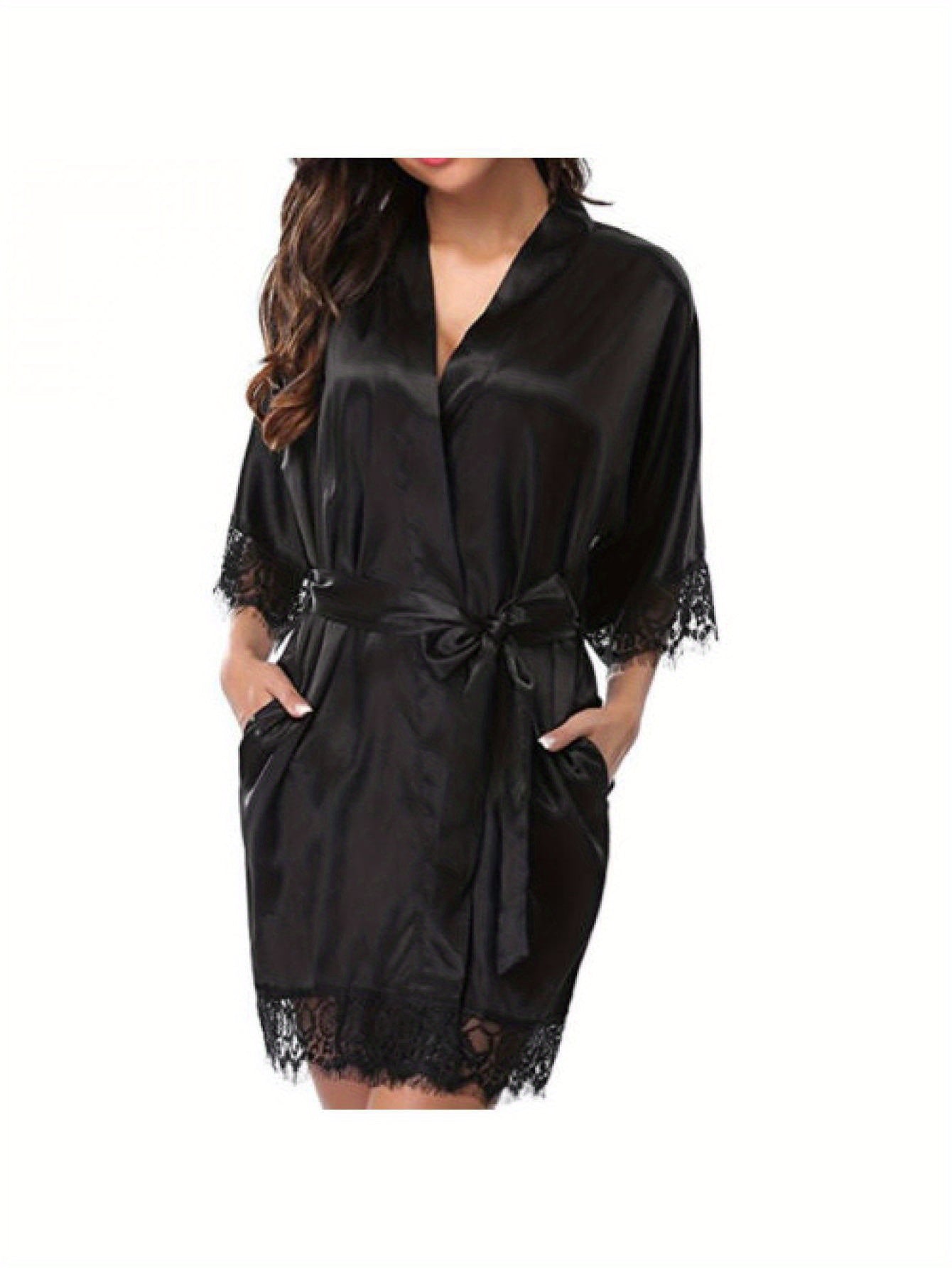 1Elegant Satin Nightdress - Contrast Lace Details，round Neck，Long Sleeve，Solid Color，Woven Polyester Fiber，with Removable Belt - Suitable for Spring and Autumn，Adult Pajamas