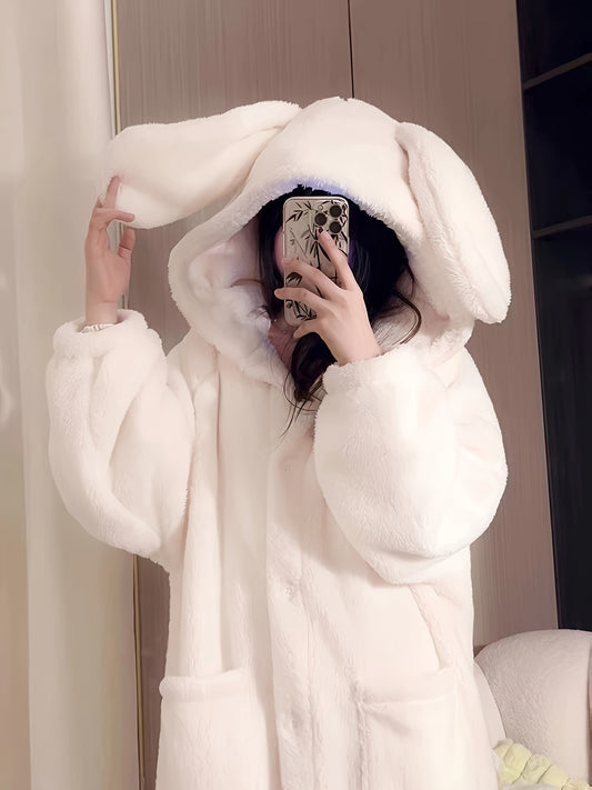 Cute Rabbit Hooded Wool Nightgown，Thick Long Sleeve Button Robe，with Pocket，Women's Pajamas and Dress