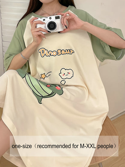 Women's Cute Dinosaur Print Pajamas Dress，Raglan Sleeve round Neck Loose Dress，Comfortable Pajamas