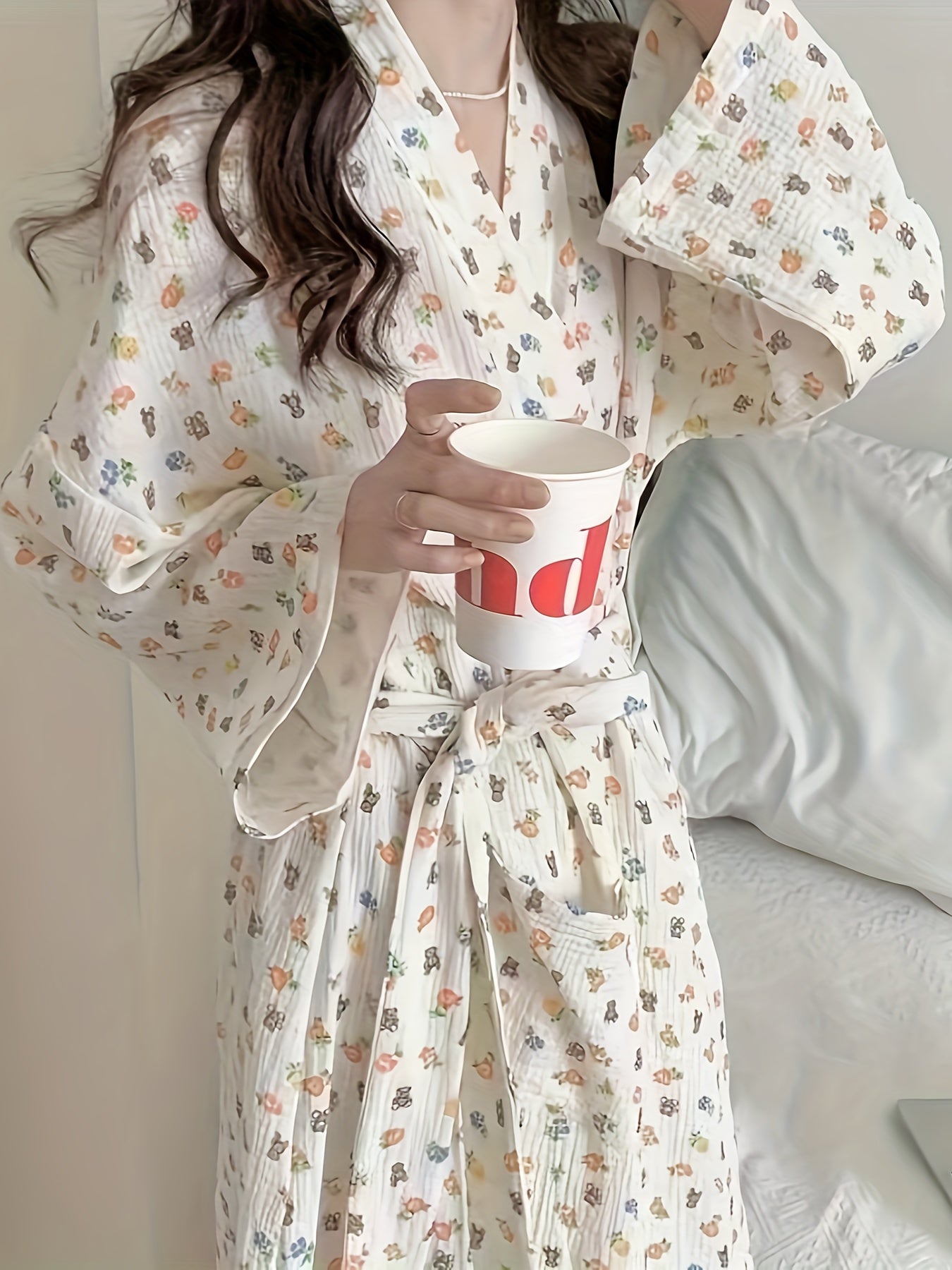 Cute Cartoon Printed Texture Nightgown，Comfortable Long Sleeve Kimono Nightgown with Belt，Women's Casual Wear and Pajamas