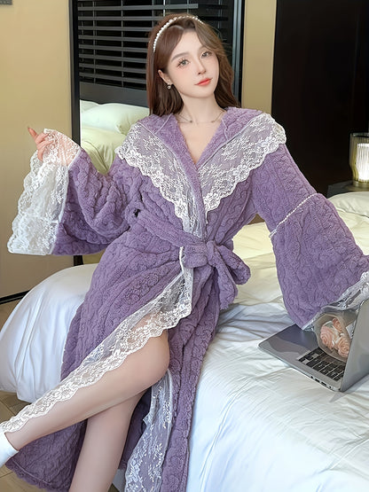 Winter Long Sleeve Lace Stitching Hooded Cardigan Mid-Length Jacquard Sweet Style Hooded Nightgown Fashion Casual Lace up Flannel Comfortable Warm Ladies Sleeping Dress Loungewear Gown