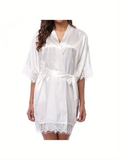 Elegant Women Satin Nightdress，V Collar Design，Inelastic，Solid Color，Polyester Fiber Nightgown，with Lace Sleeves and Removable Belt，Suitable for All Seasons