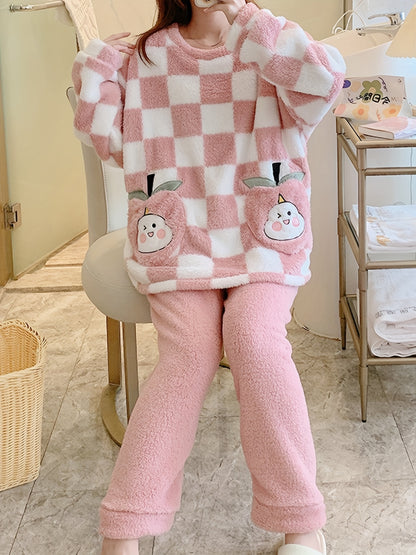 Comfortable Coral Fleece Women's Pajama Suit - Cute Pink Plaid，Thick Flannel Long-Sleeved Trousers Homewear，Suitable for Autumn and Winter