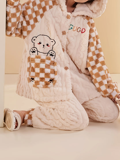 Women's Comfortable Pajamas Suit，Long Sleeve，Trousers，With Hat Open Front Cardigan，Coral Fleece，Cartoon Bear Print，Thermal pajamas，Polyester，Casual Style，Suitable for All Seasons。