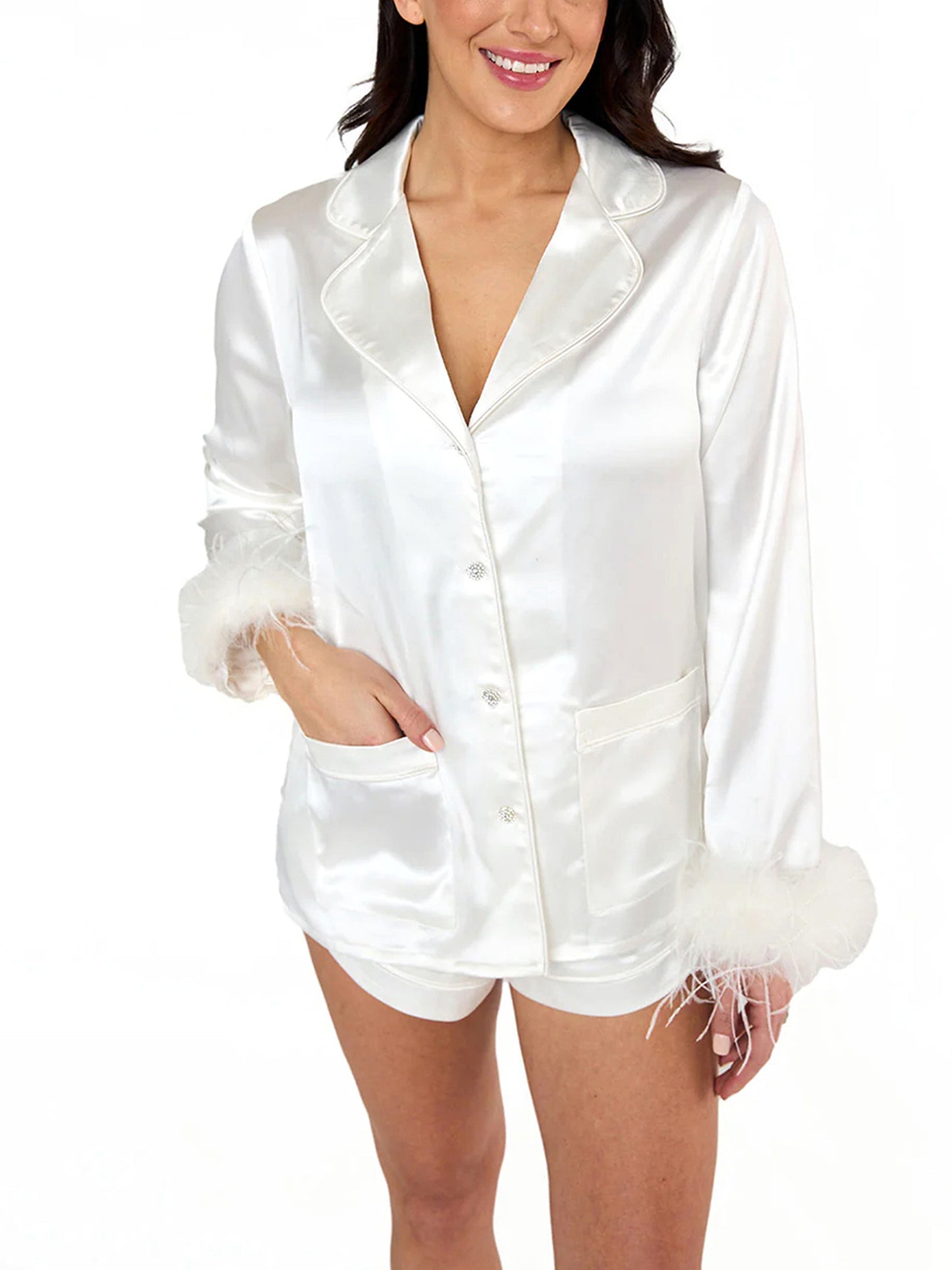 Women's Satin Clothing Solid Color Lapel Long Sleeve Top with Feather Cuffs + Shorts Suit Fashion Clothing