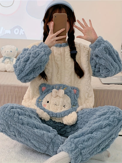 Women's Cute Cartoon Pattern Pajamas Suit，Long Sleeve Trousers，round Neck，Polyester，Knitted Fabric，Adult Comfortable Pajamas，Autumn/Winter Season